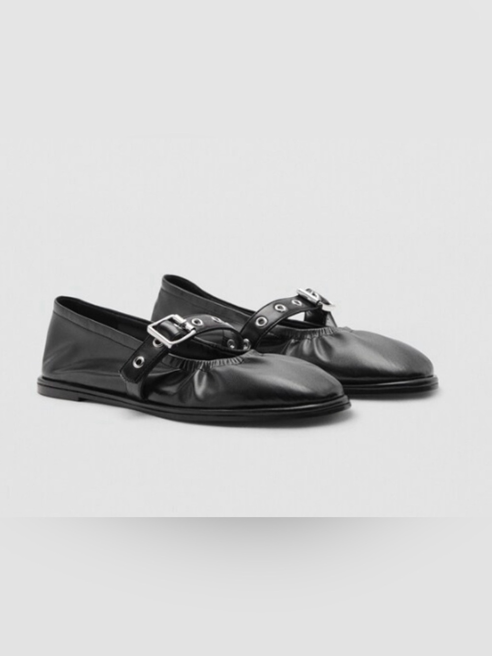 NEW MANGO MNG BLACK GATHERED STRAP BUCKLE BALLERINA BALLET FLATS SHOES 37 US 6.5